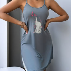 Elephant Print NightDress Backless Slip Pajama Dress Women's Sleepwear