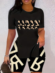 Letter Print 2pc Set Split T-shirt & Biker Shorts Outfits Women's Clothing