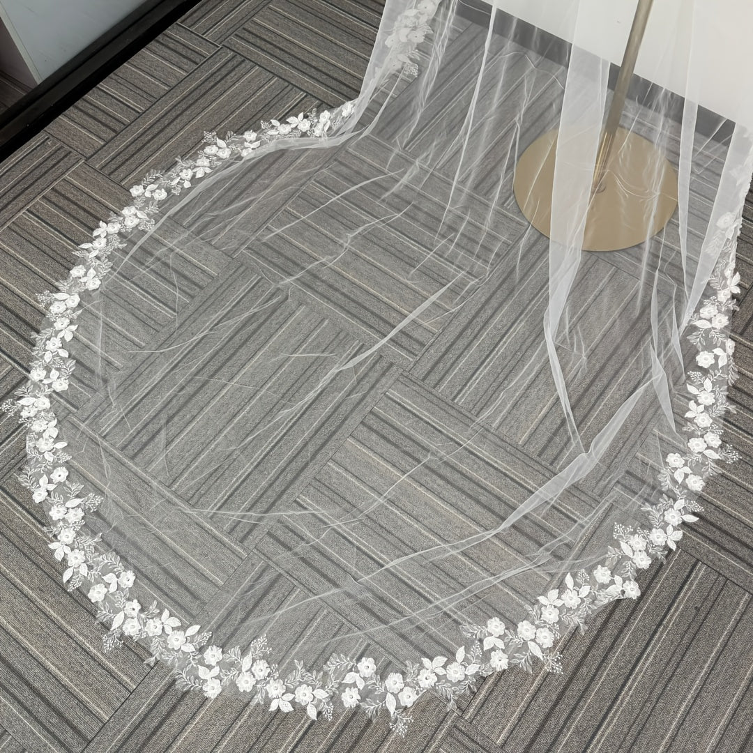 Vintage Romantic Court Style Bridal Veil with Floral & Pearl Embellishment
