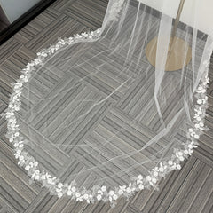 Vintage Romantic Court Style Bridal Veil with Floral & Pearl Embellishment