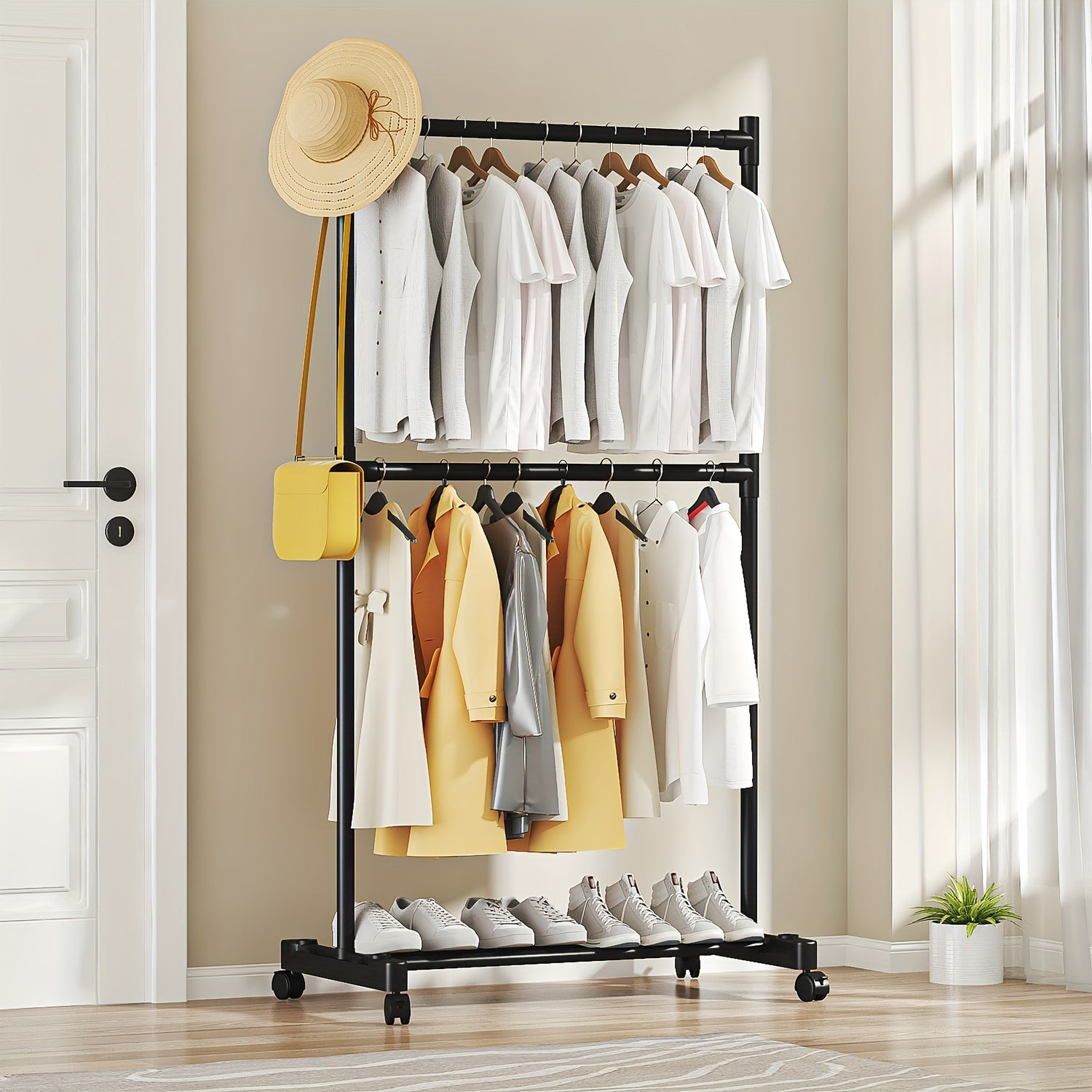 Single Pole Coat Rack With Pulley 2 Layers Clothes Ra...
