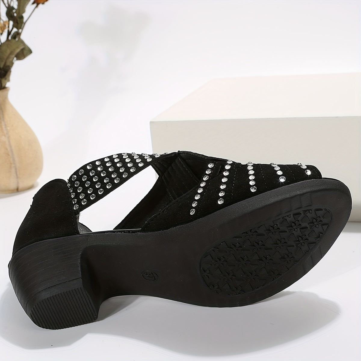 Rhinestone Cross Strap Sandals with Block Heel for Outdoor Activities
