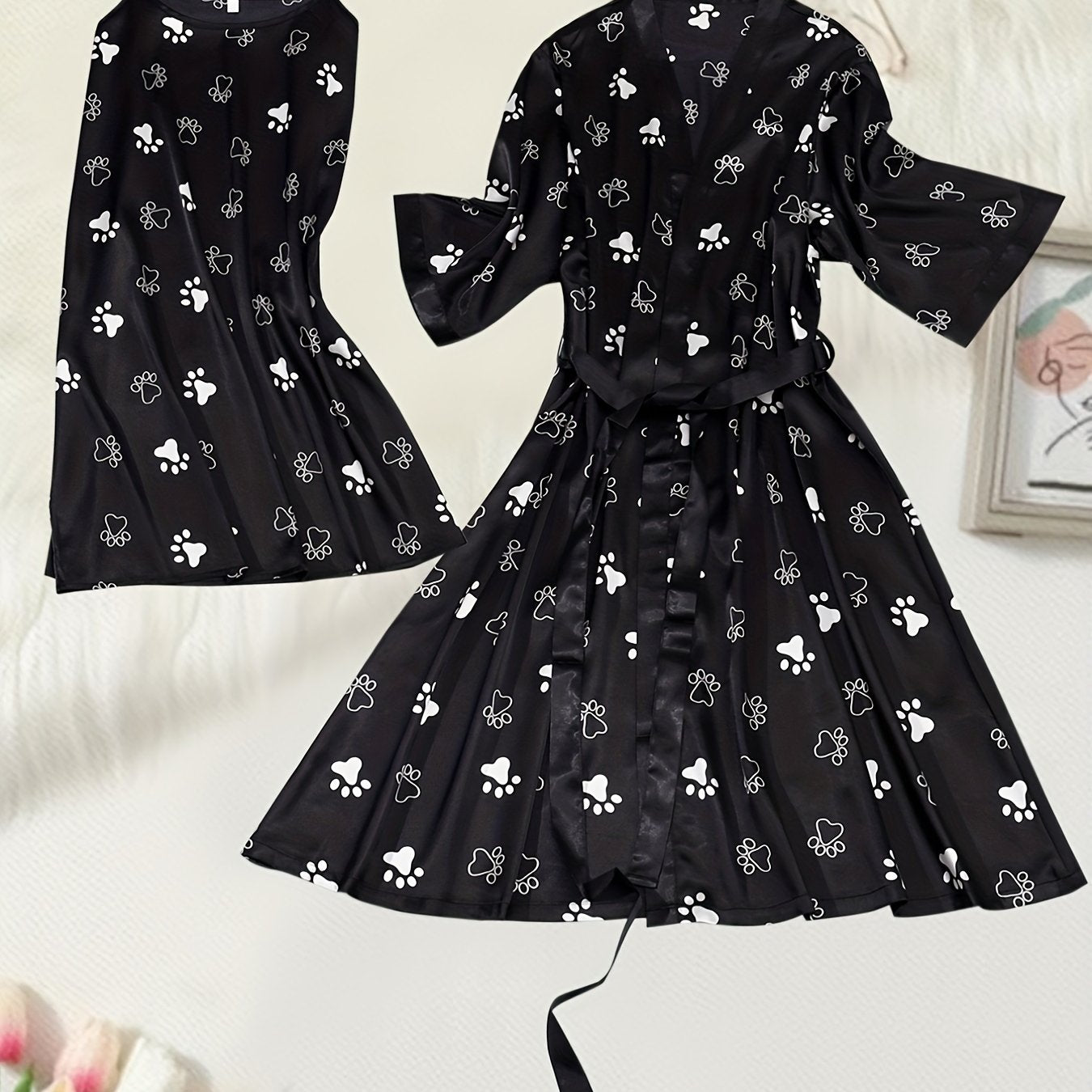 Dog Paw Print Cami Dress & Robe Set