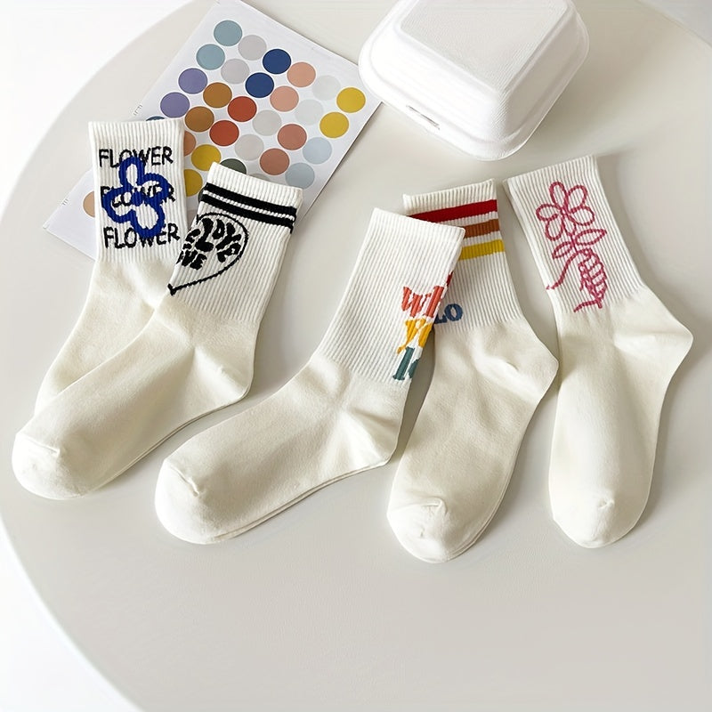5 Pairs Floral & Letter Print Socks Women's Stockings & Hosiery