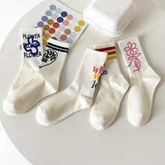 5 Pairs Floral & Letter Print Socks Women's Stockings & Hosiery