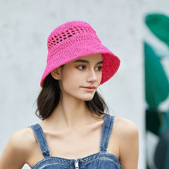 Rose Red Crochet Bucket Hat Straw Hat Hollow Vacation Beach Fisherman