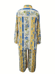 Floral & Geo Print Long Sleeve Button Up Shirt & Drawstring Pants