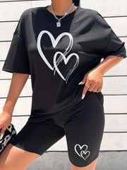 Hearts Print Casual Two piece Set Short Sleeve Drop Shoulder T shirt & Slim Shor