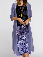 Print Long Dress & Sleeve Cardigan Outfits for W