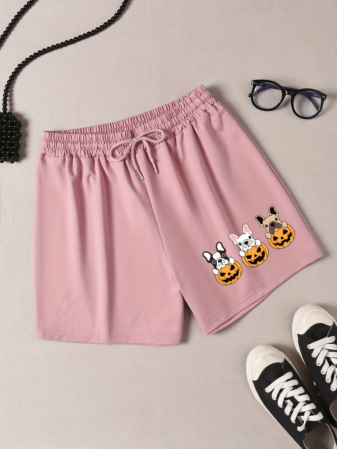 Women's Plus Pumpkin & Puppy Print Drawstring Elastic Waist Shorts