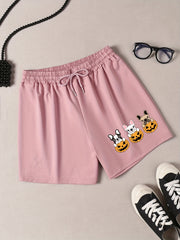 Women's Plus Pumpkin & Puppy Print Drawstring Elastic Waist Shorts
