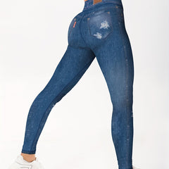 Faux Denim Print Yoga Leggings High Stretch Running Yoga Tight Pants