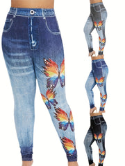 Butterfly Print Faux Denim Sports Leggings High Stretch Workout Tight Pants