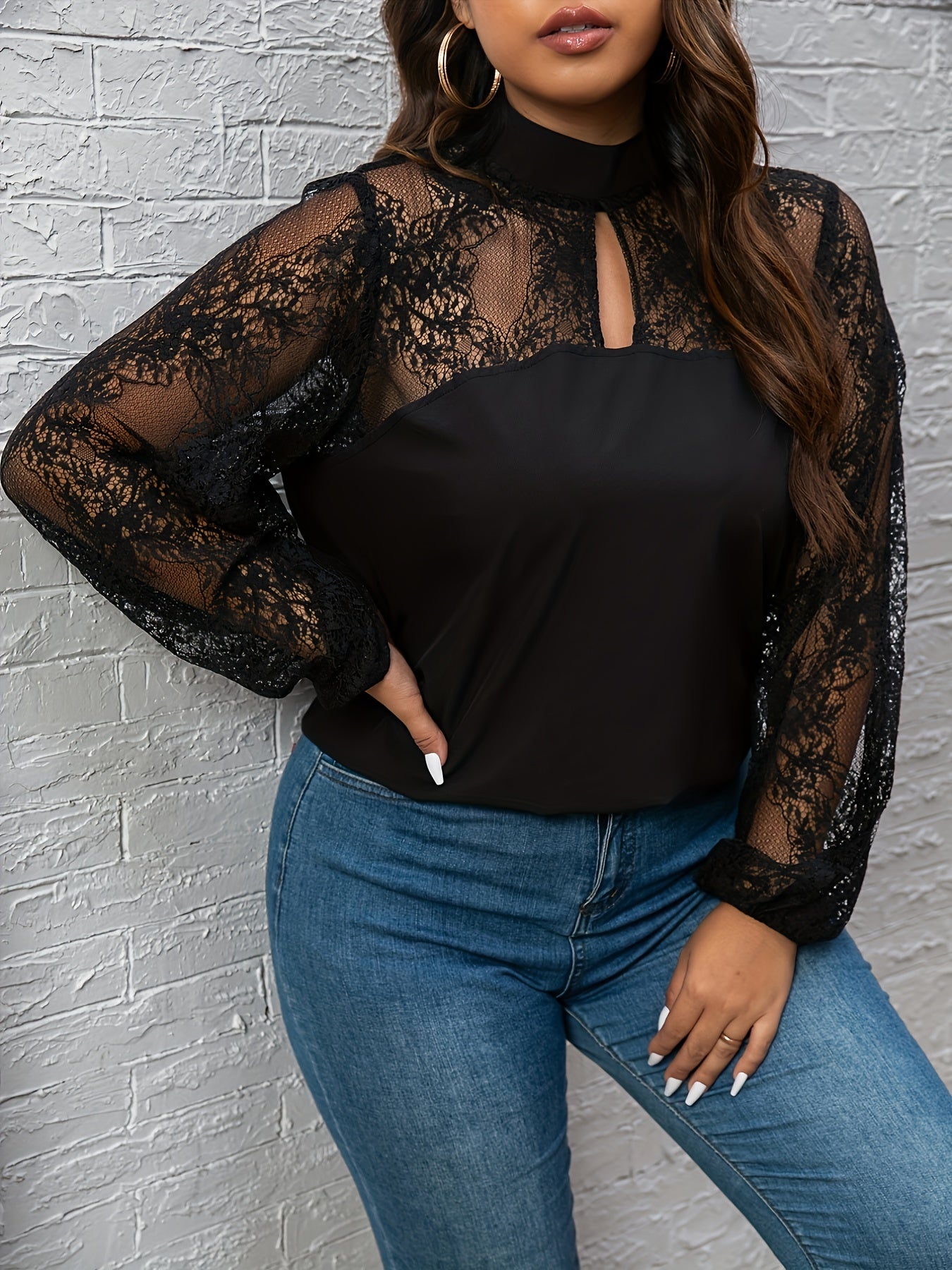 Solid Lace Long Sleeve Mock Neck Top