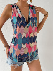 Gem Print Zip Up V Neck Tank Top Women's Clothing