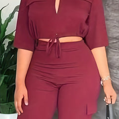 Solid V Neck Top & Pants Set