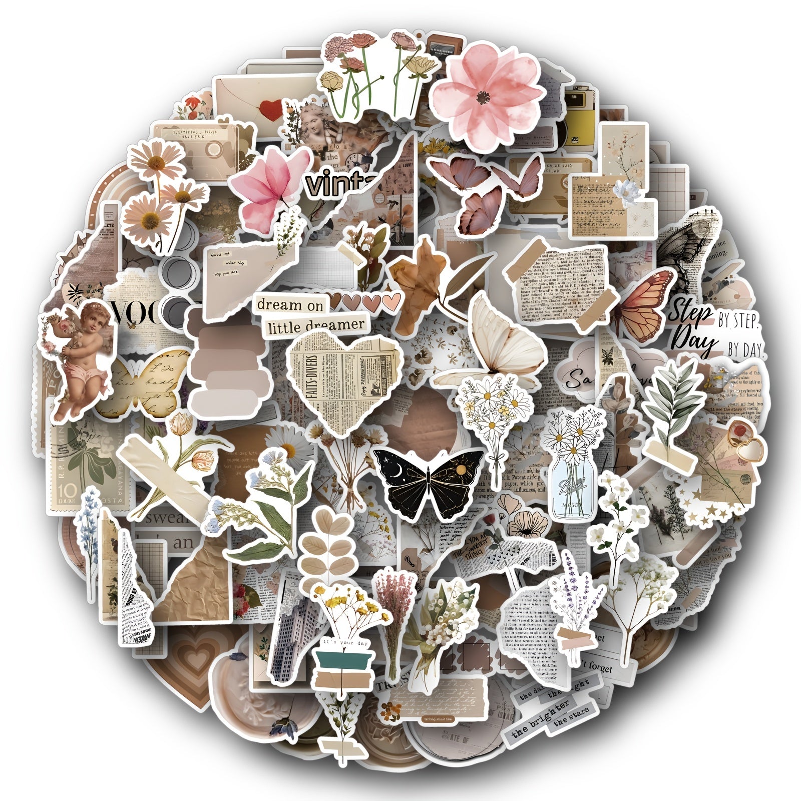 120pcs Vintage Vinyl Stickers for Water Bottles Laptop Scrapbook