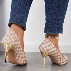 Checkered Pattern High Heels Sexy Slip On Stiletto Heels Dress Pumps