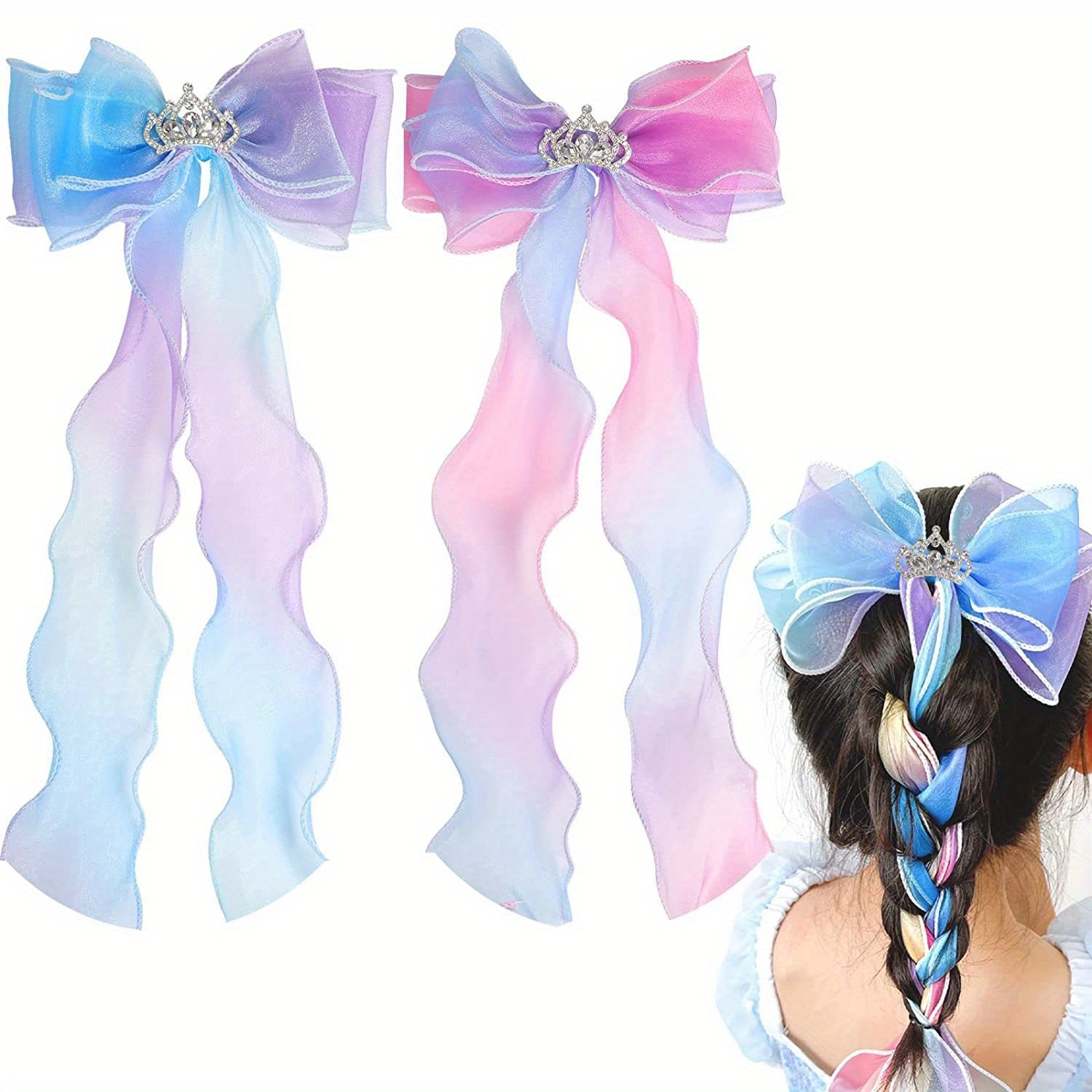 2pcs Girls Mesh Bow Hair Clips Gradient Hair Accessories Sets
