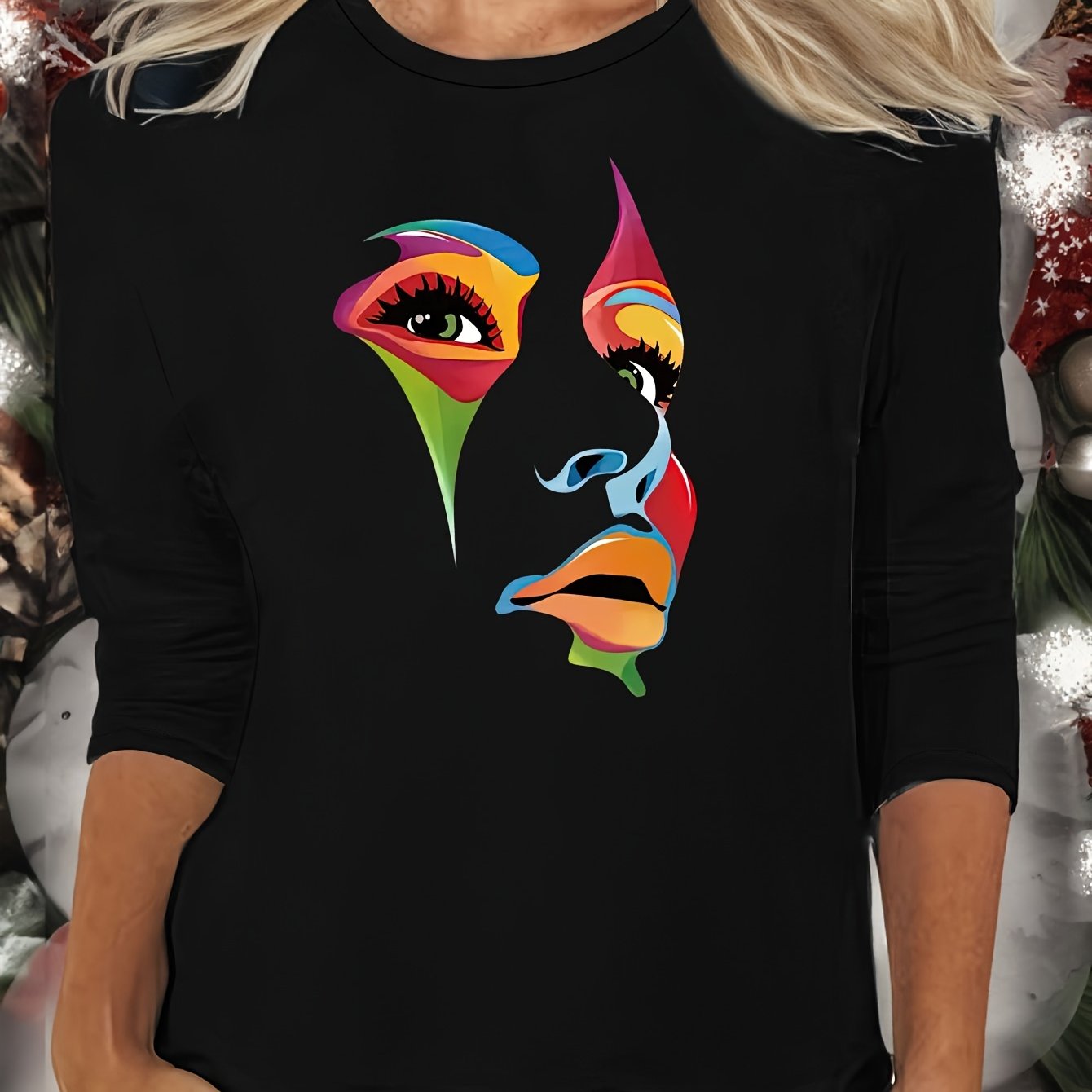 Colorful Face Print Lounge Top Long Sleeve Crew Neck