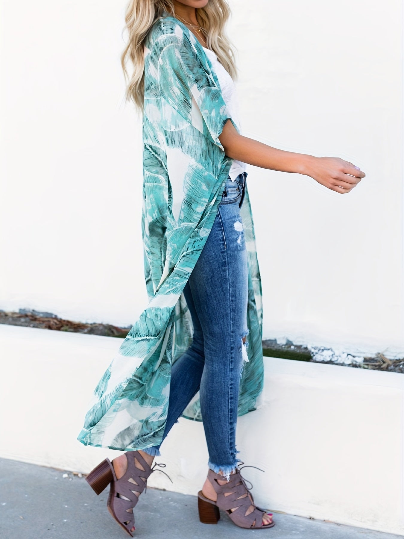 Leaf Print V Neck Cover Up Shirt Half Sleeves Loose Fit Kimono