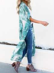 Leaf Print V Neck Cover Up Shirt Half Sleeves Loose Fit Kimono