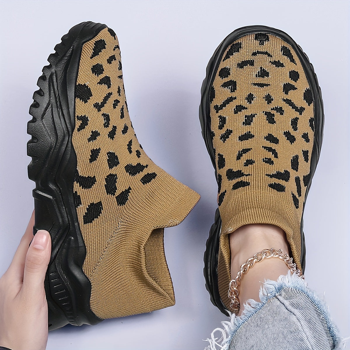 Leopard Pattern Mesh Running Shoes Comfortable Non slip Sneakers
