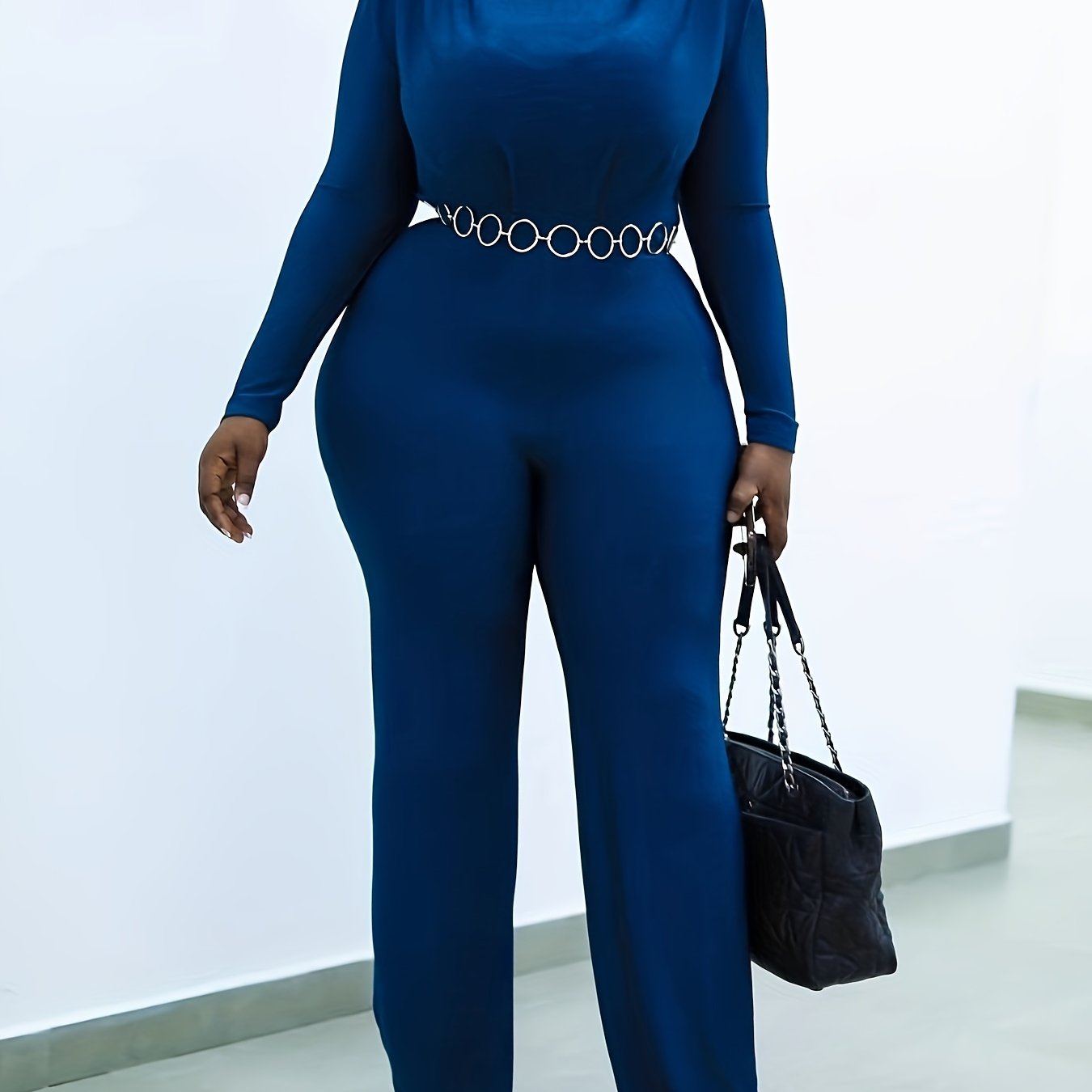 Solid Long Sleeve Mock Neck Jumpsuit