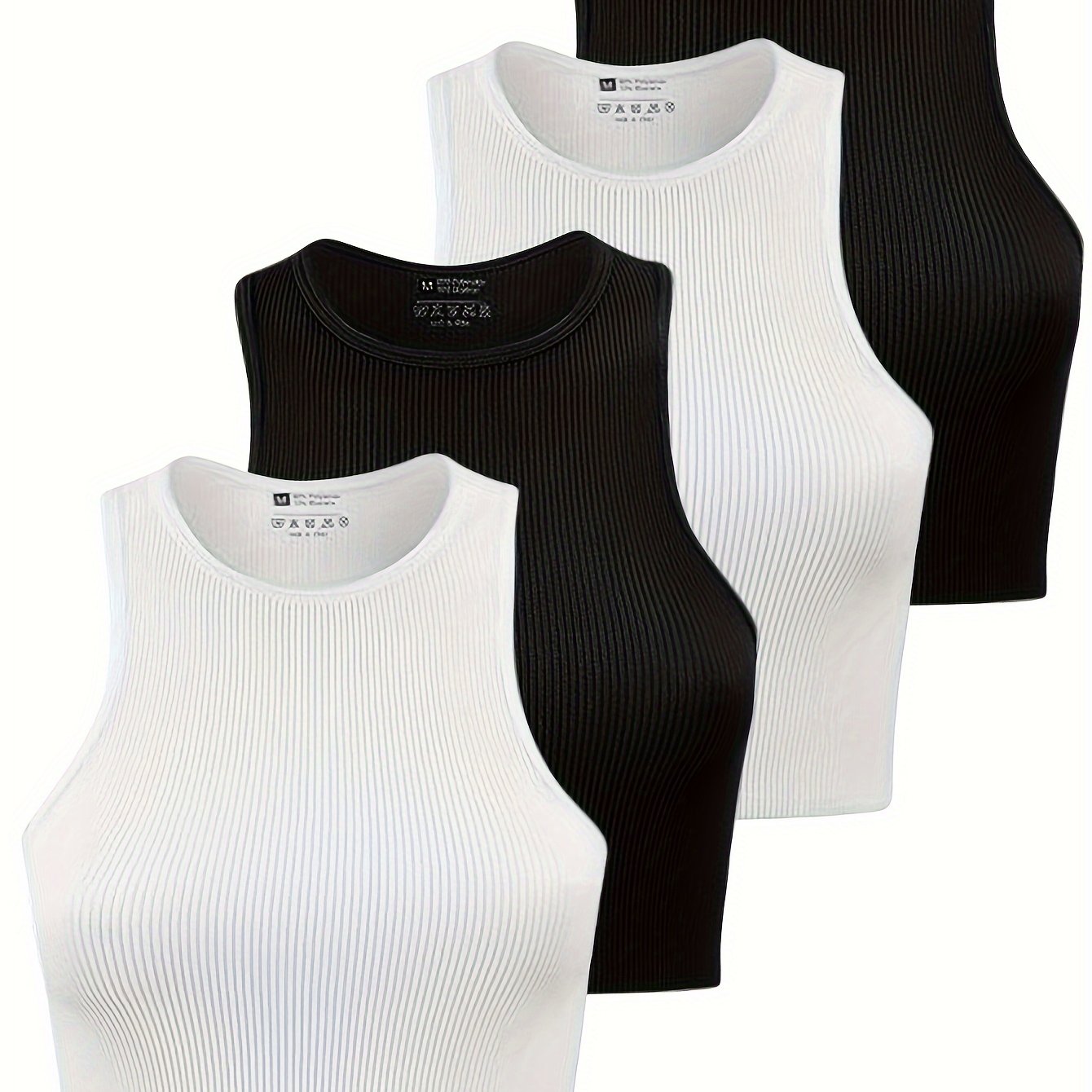 4Pcs Rib Knit Crop Tops Round Neck Racer Back Workout Tank Top Women's Activewea