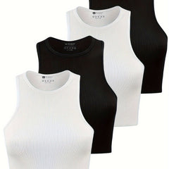 4Pcs Rib Knit Crop Tops Round Neck Racer Back Workout Tank Top Women's Activewea