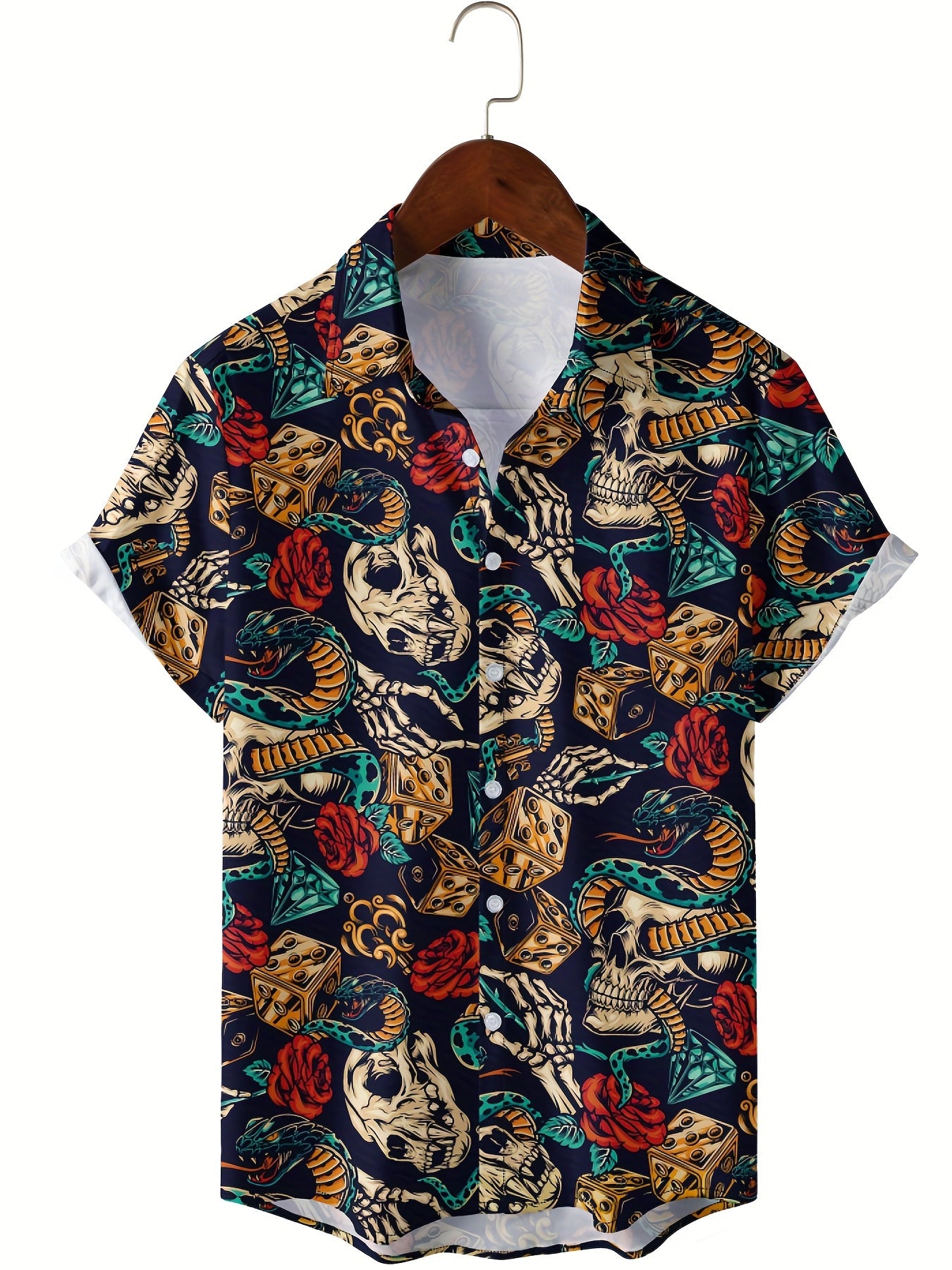 Men's Rose & Skull Print Hawaiian Shirt