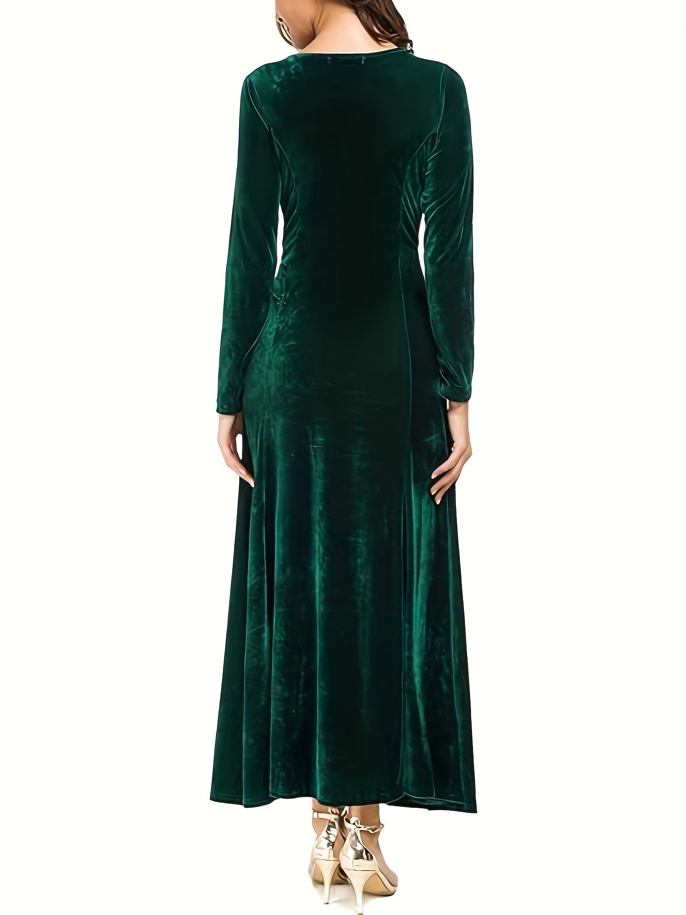 Solid Velvet Long Sleeve Round Neck Maxi Dress