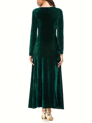 Solid Velvet Long Sleeve Round Neck Maxi Dress