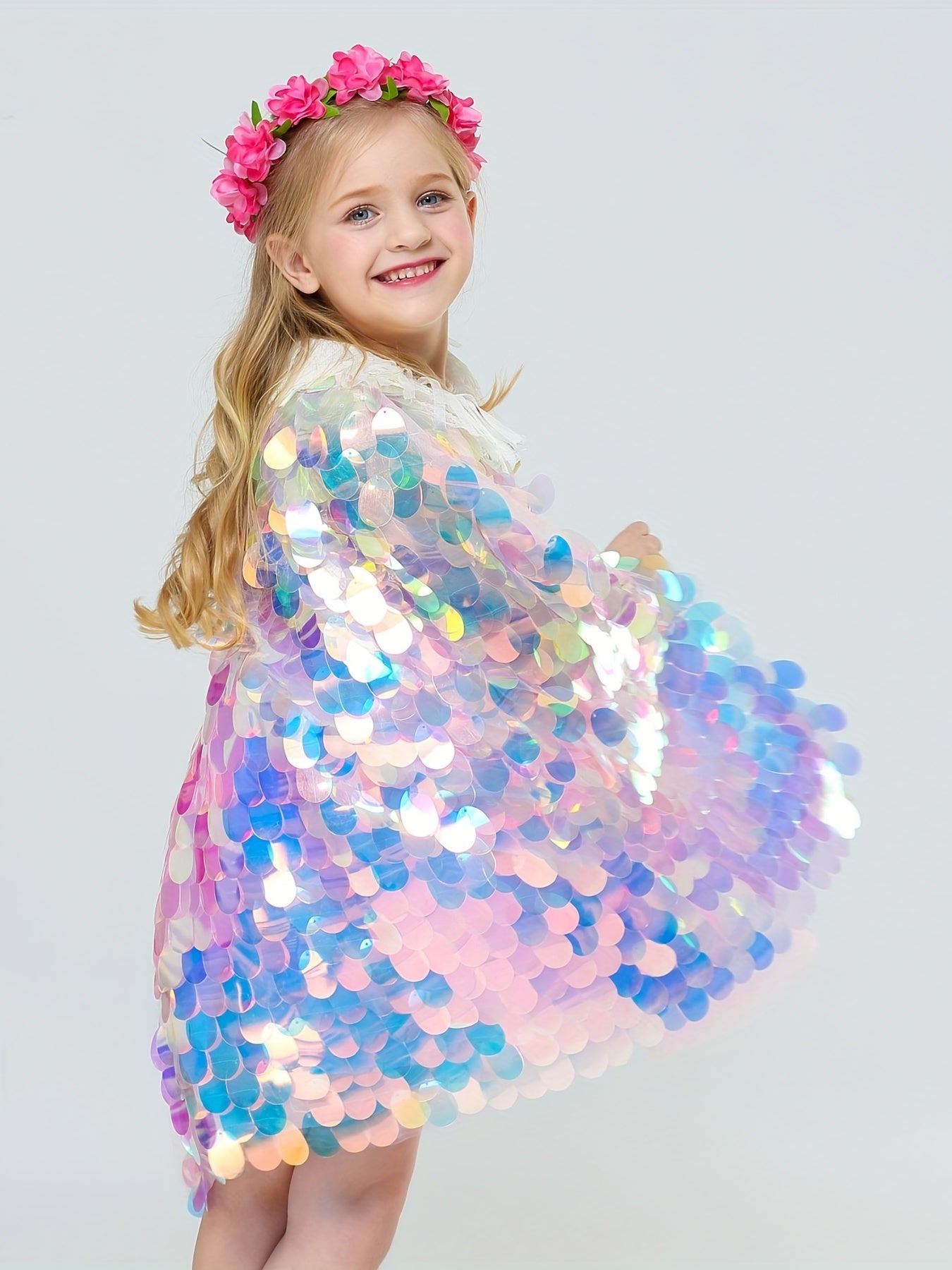 Girls Mermaid Princess Cape Cloak Glitter Party Prop Kids Halloween Fancy Dress