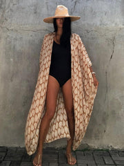 Women's Leaf Printed Beach Swimsuit Cape Cover Up Kimono Cardigan Wrap Dress