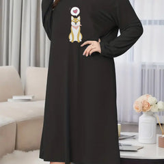 Puppy Print Long Sleeve Nightdress Round Neck Tee