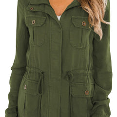 Casual Pockets Jacket Lapel Long Sleeve Loose Waist Drawstring Outerwear