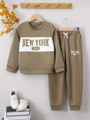 Boys 2pcs Sweatshirt & Sweatpants Set YORK Print Long Sleeve Top Casual Outfits