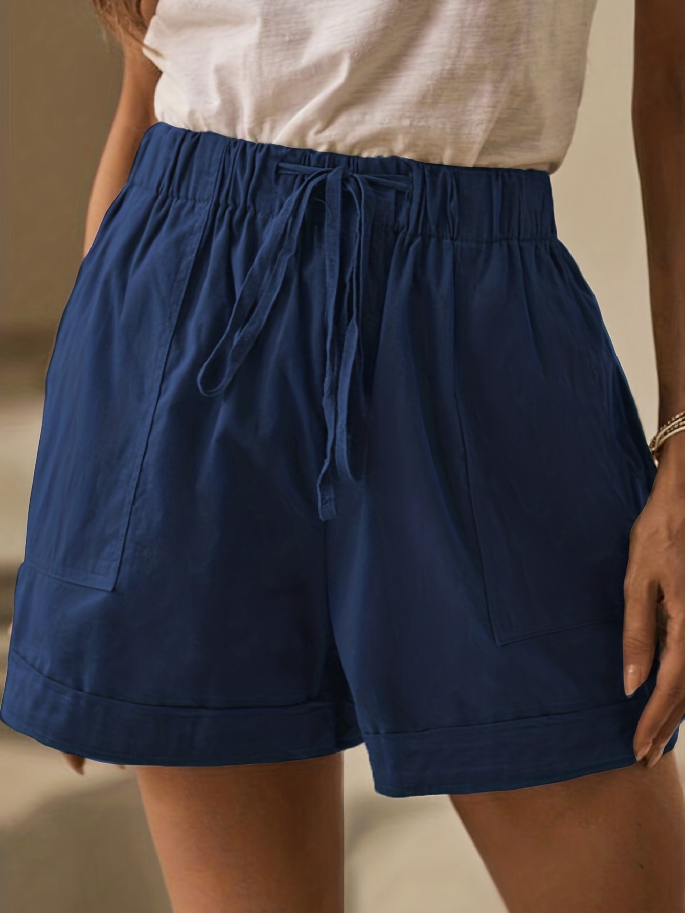 Solid Drawstring Shorts With Pockets Casual Women's Shorts