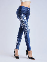 Denim Print Skinny Leggings Elastic Waist Stretchy Women's Clothing