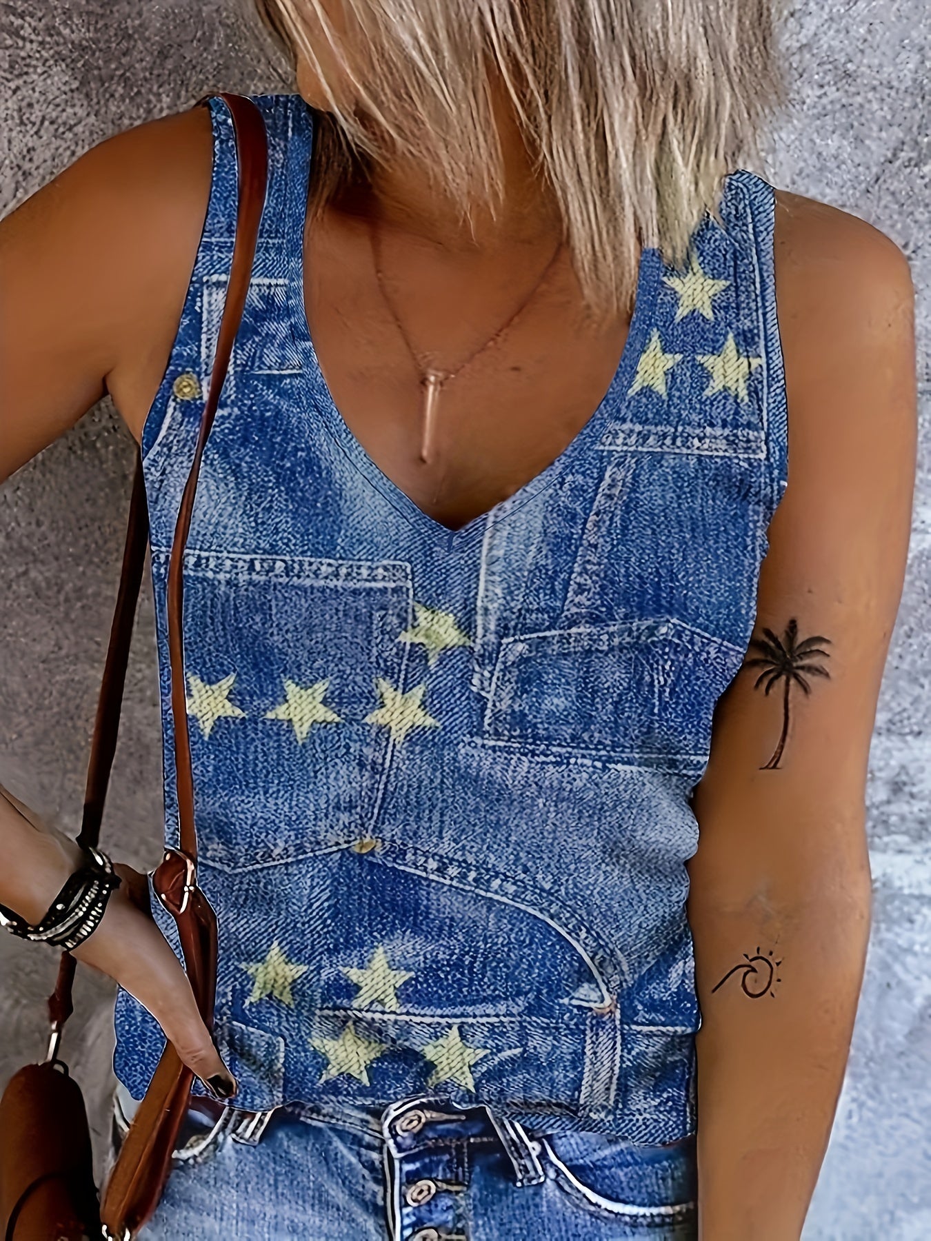 Denim & Star Print Tank Top V Neck Stretch