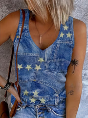 Denim & Star Print Tank Top V Neck Stretch