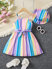 2pcs Toddler Girls Rainbow Stripe Cami Dress & Hat Set for Summer
