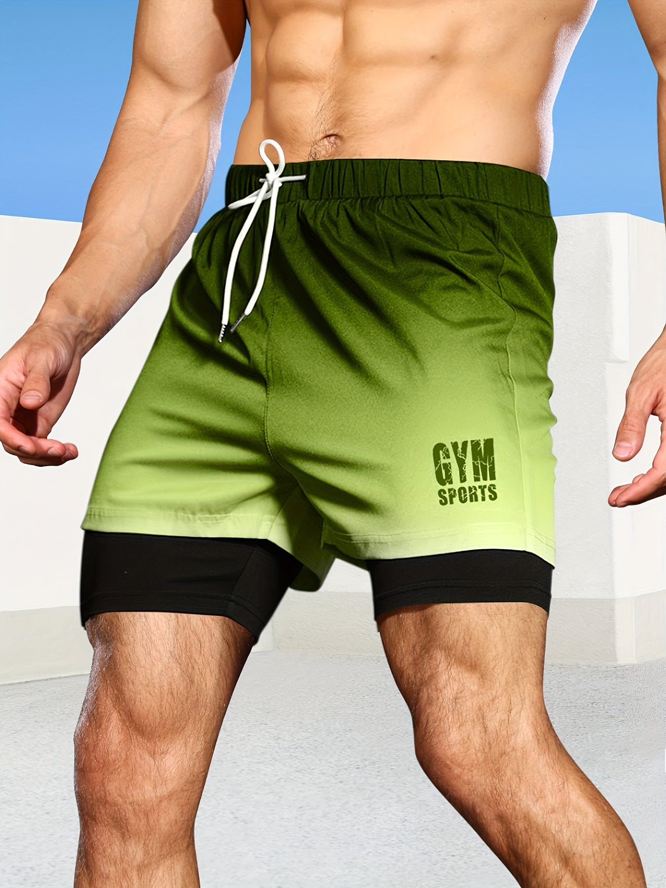 Bull GYM Pattern Print Ombre Shorts Men's Sports Drawstring Waist