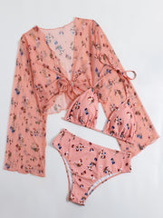 3pcs Plus Size Floral Print Bikini Set & Cover Up Tops Women's Plus Swimsuit Set