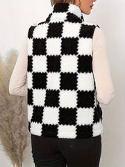 Plaid Zip Up Vest Jacket Casual Pockets Thermal Teddy Vest