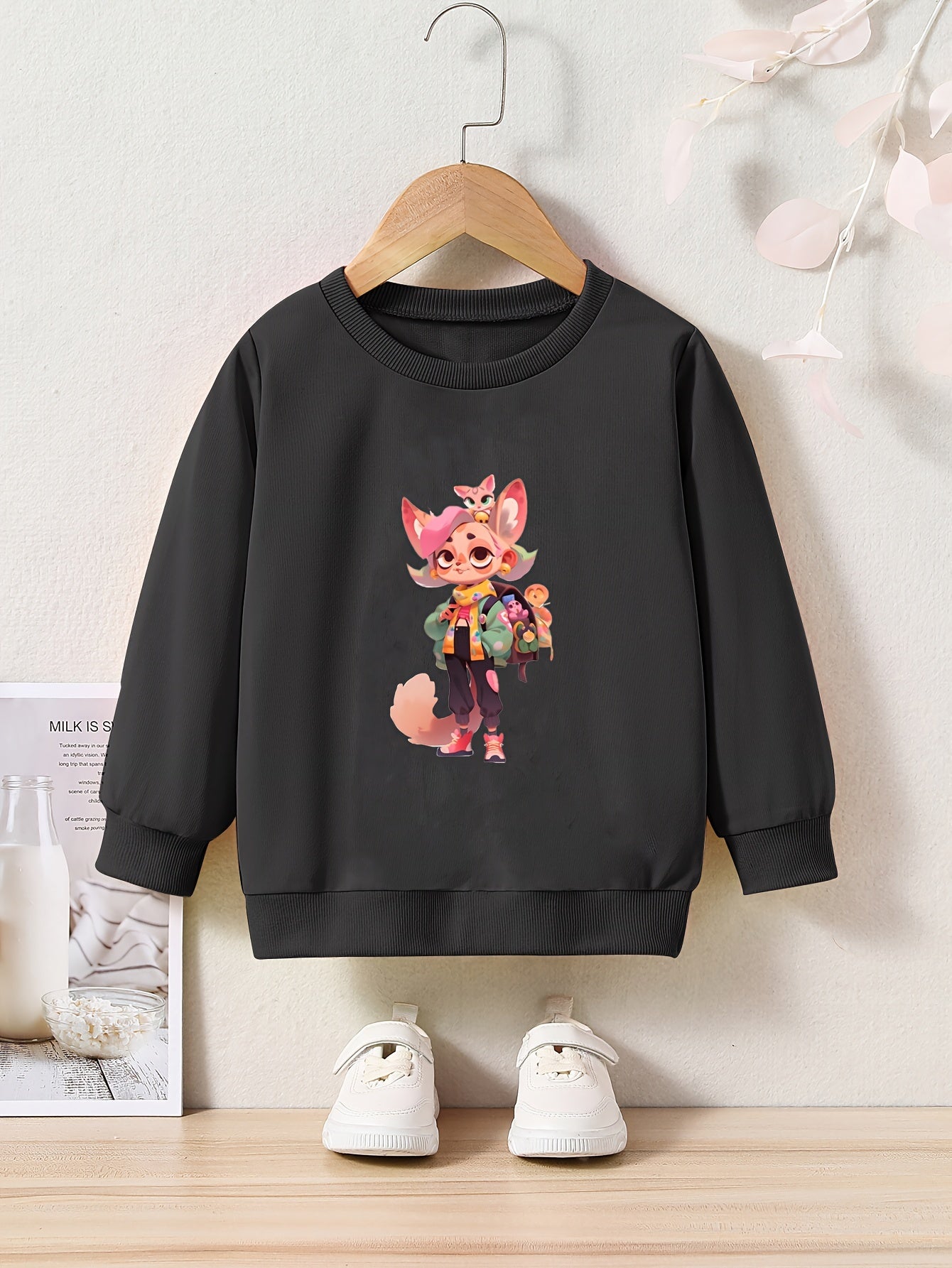 Cartoon Animal Print Girls Casual Pullover Sweatshirt Long Sleeve