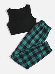 Plaid Print Pajama Set Sleeveless Top & Pants