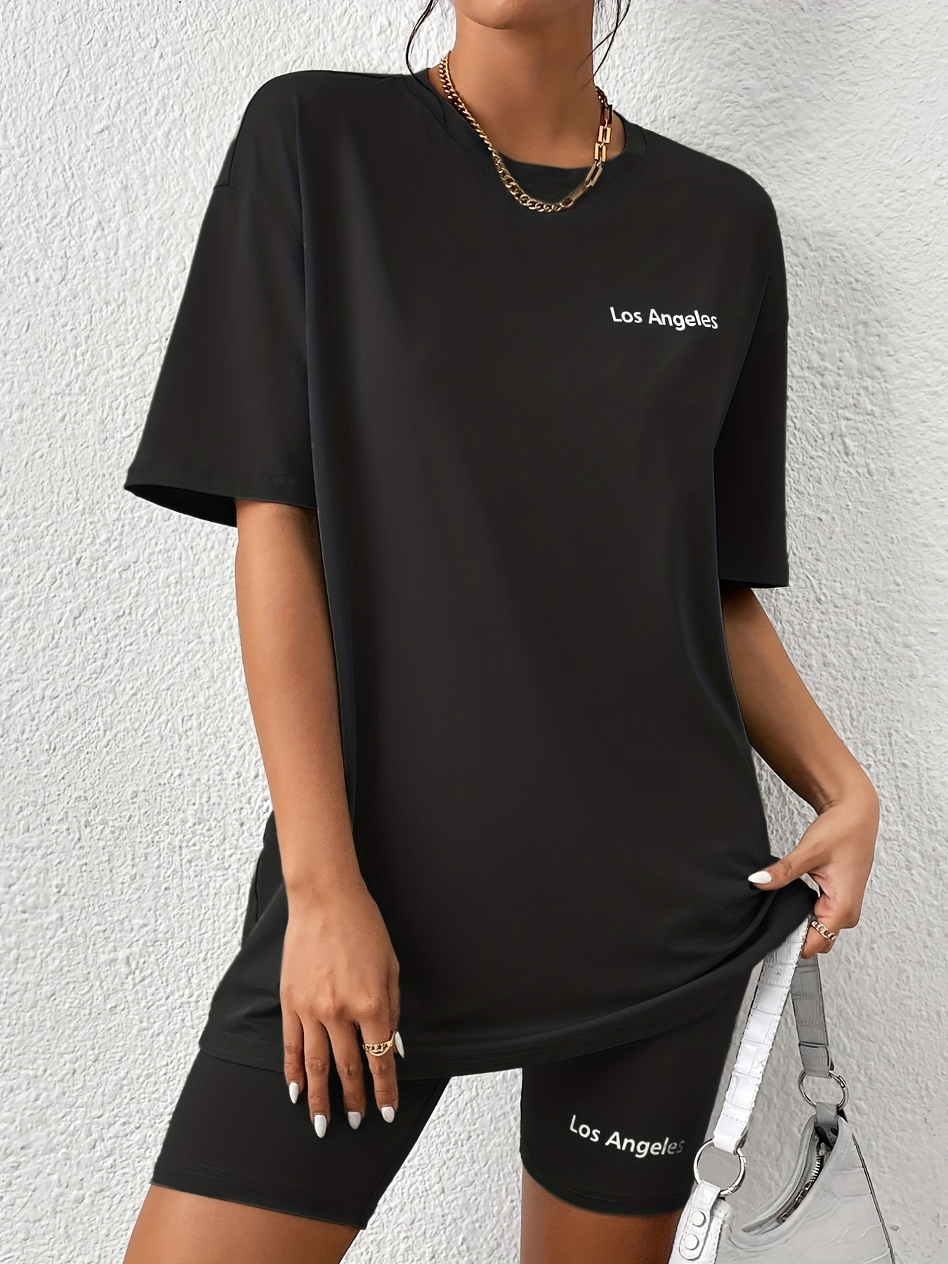 Letter Print Matching Two piece Set Casual Short Sleeve T shirt & Biker Shorts