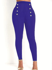 Solid Button Decor Carrot Pants Casual Slim Elastic Waist Pants